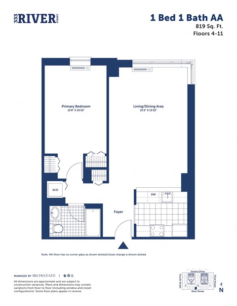 Floor plan for 1 bed, 1 bath, 819 sqft